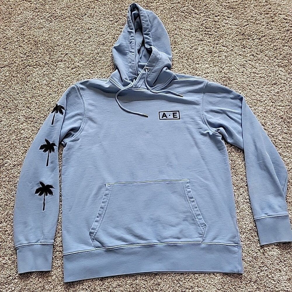 American Eagle Y2K Hoodie Pullover Palm Tree Graphic Light Blue Palm Trees Sz M